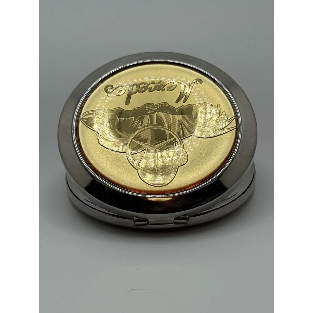 Classic Collection Round Compact Pocket Mirror Mercedes-Benz Goldtone Silvertone